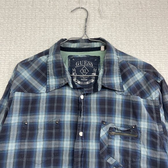 Y2K Guess Mens Blue Plaid Button-Down Long-Sleeve Shirt Metal Snap / Zip Size XL - Picture 2 of 16